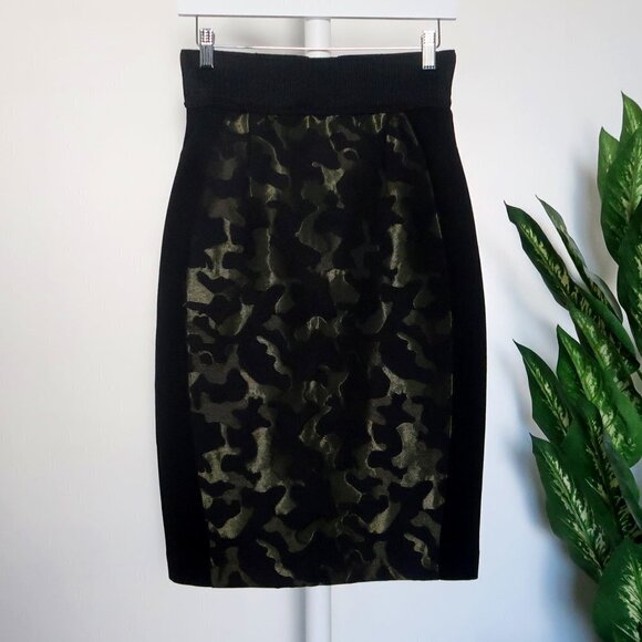 Anthropologie Maeve Jacquard Camo Khaki & Black Side Stripe Pencil Skirt 4 - Picture 5 of 16